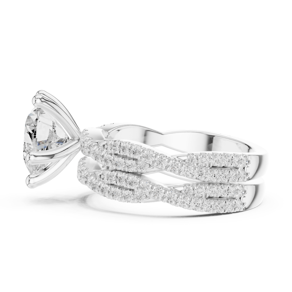 Heart Cut Solitaire Ring with Criss Cross Multi-Row Pave Band  in 925 Silver