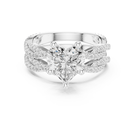 Heart Cut Solitaire Ring with Criss Cross Multi-Row Pave Band  in 925 Silver