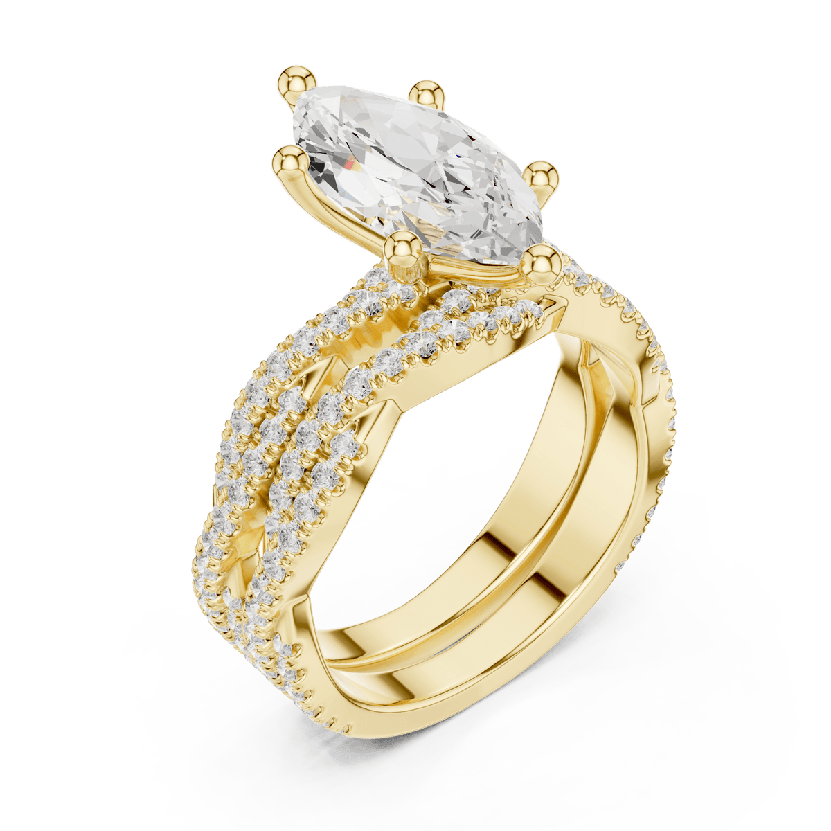 14KT Yellow Gold Marquise Cut Lab Diamond Crossover Pave Ring