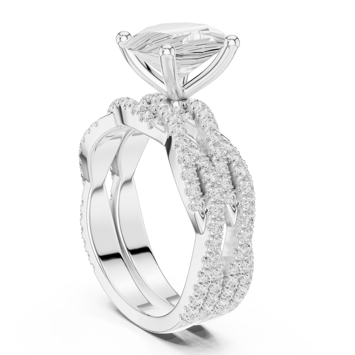 Oval Cut Solitaire Ring with Criss Cross Multi-Row Pave Band in 925 Sterling Silver