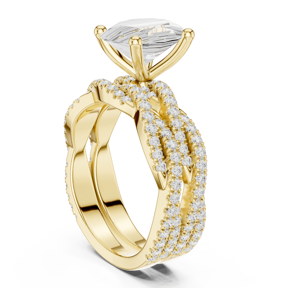 Oval Shape Lab Grown  Solitaire with Woven Pave Band in Solid Gold