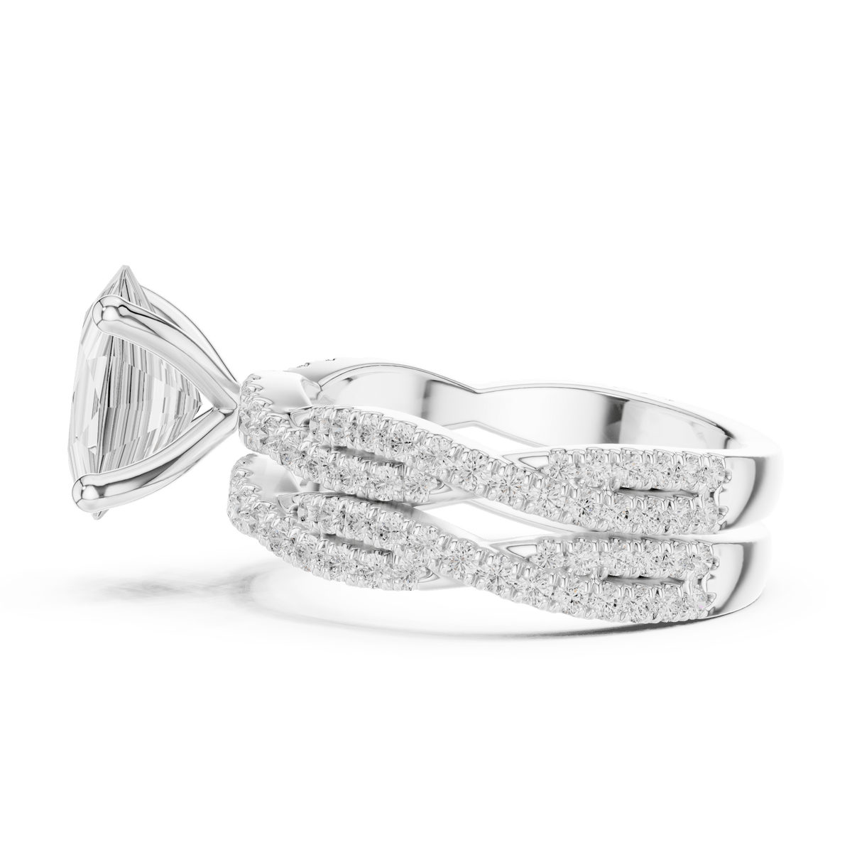 Oval Cut Solitaire Ring with Criss Cross Multi-Row Pave Band in 925 Sterling Silver