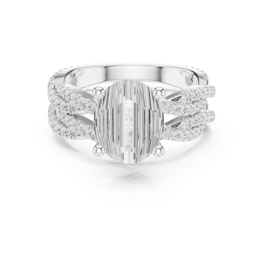 Oval Cut Solitaire Ring with Criss Cross Multi-Row Pave Band in 925 Sterling Silver