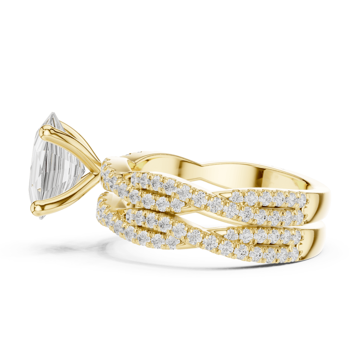 Oval Shape Lab Grown  Solitaire with Woven Pave Band in Solid Gold