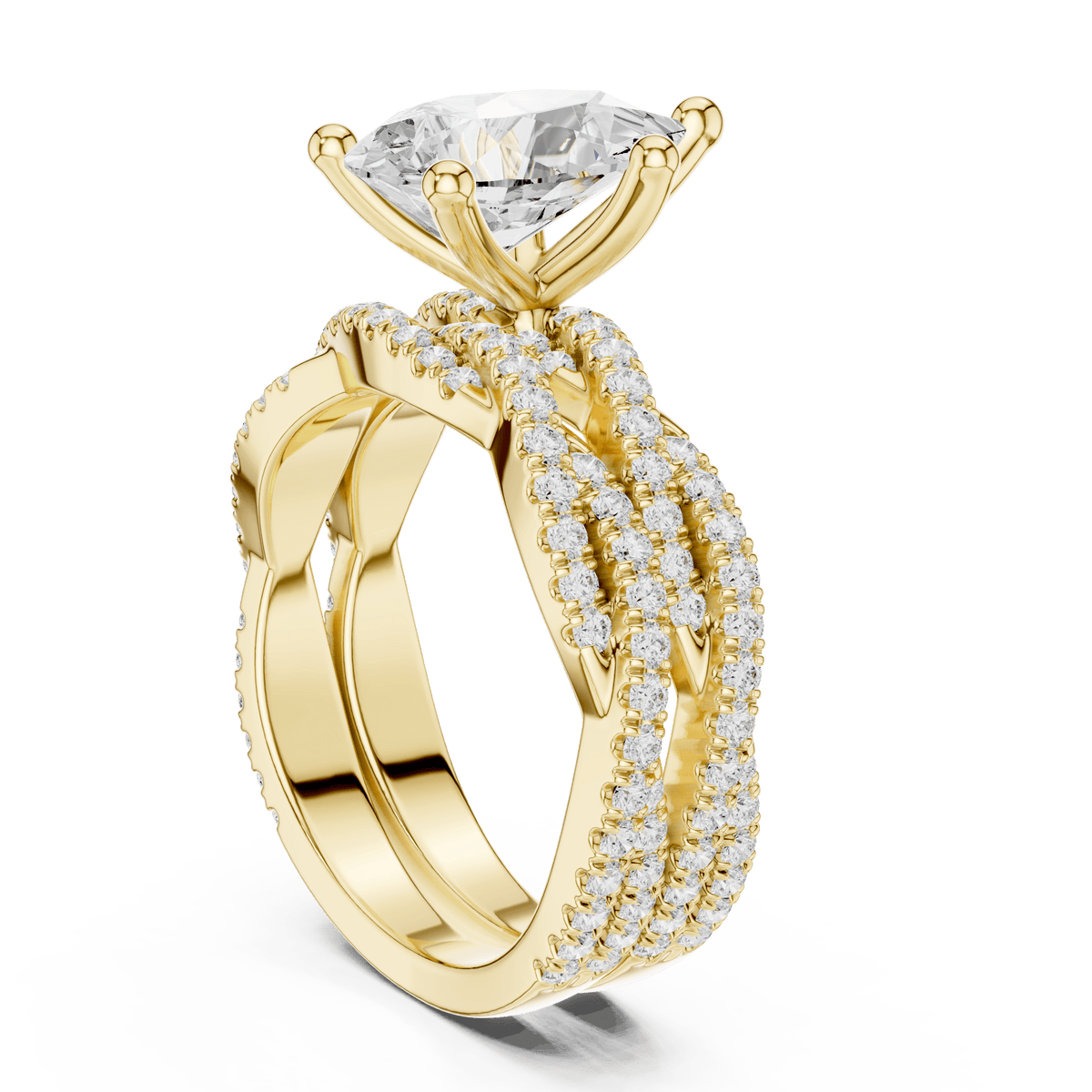 Tear-Drop Lab Grown Solitaire with Woven Pave Band in 14KT Solid Gold