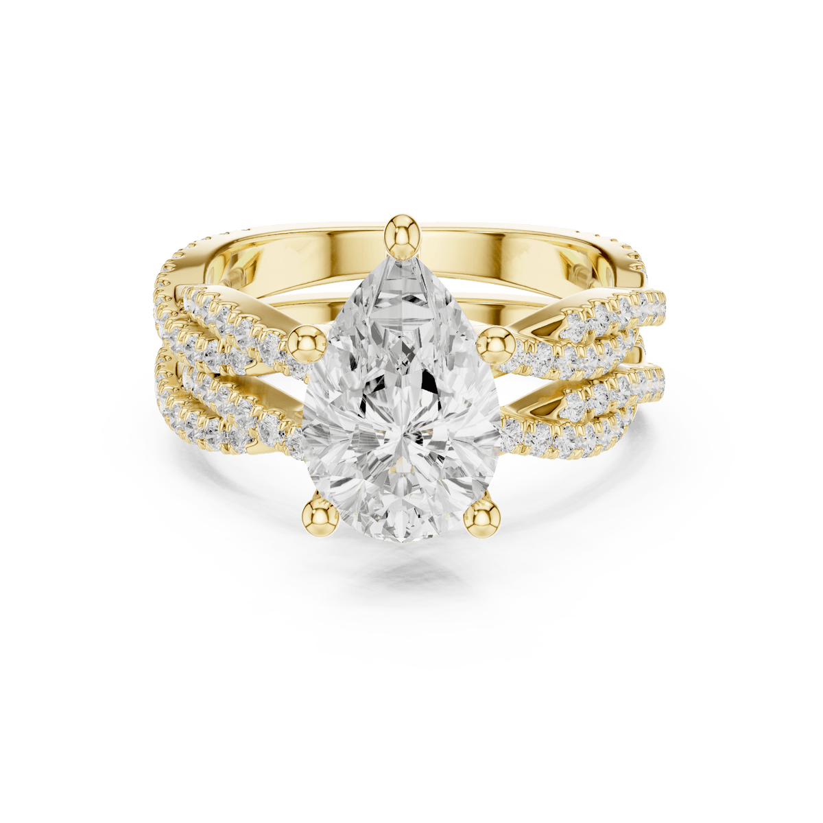 Tear-Drop Lab Grown Solitaire with Woven Pave Band in 14KT Solid Gold