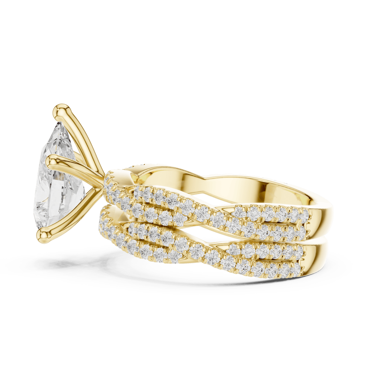 Tear-Drop Lab Grown Solitaire with Woven Pave Band in 14KT Solid Gold