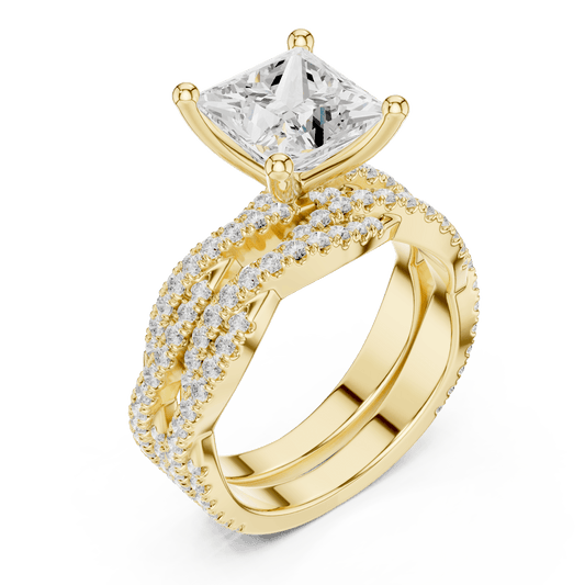 Square Princess Lab Growan Solitaire with Crossover Band in 14KT Solid Gold