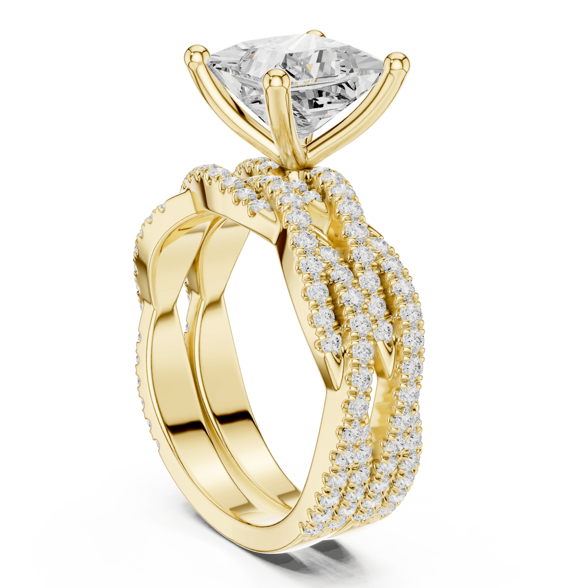 Square Princess Lab Growan Solitaire with Crossover Band in 14KT Solid Gold