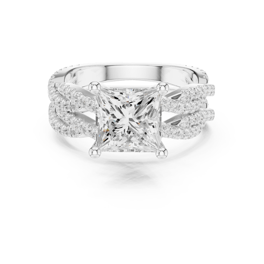 Modern Princess Cut Diamond Ring with Entwined Pave Band in 925 Silver