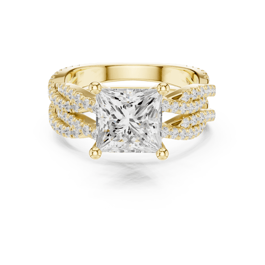 Square Princess Lab Growan Solitaire with Crossover Band in 14KT Solid Gold