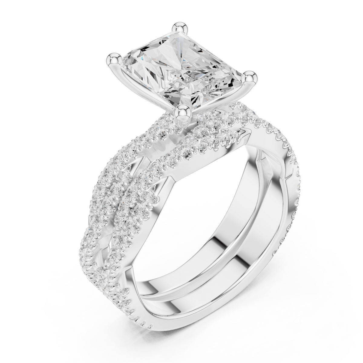 Radiant Cut Solitaire Ring with Criss Cross Lab Grown Diamond Twisted Pave Engagement Ring