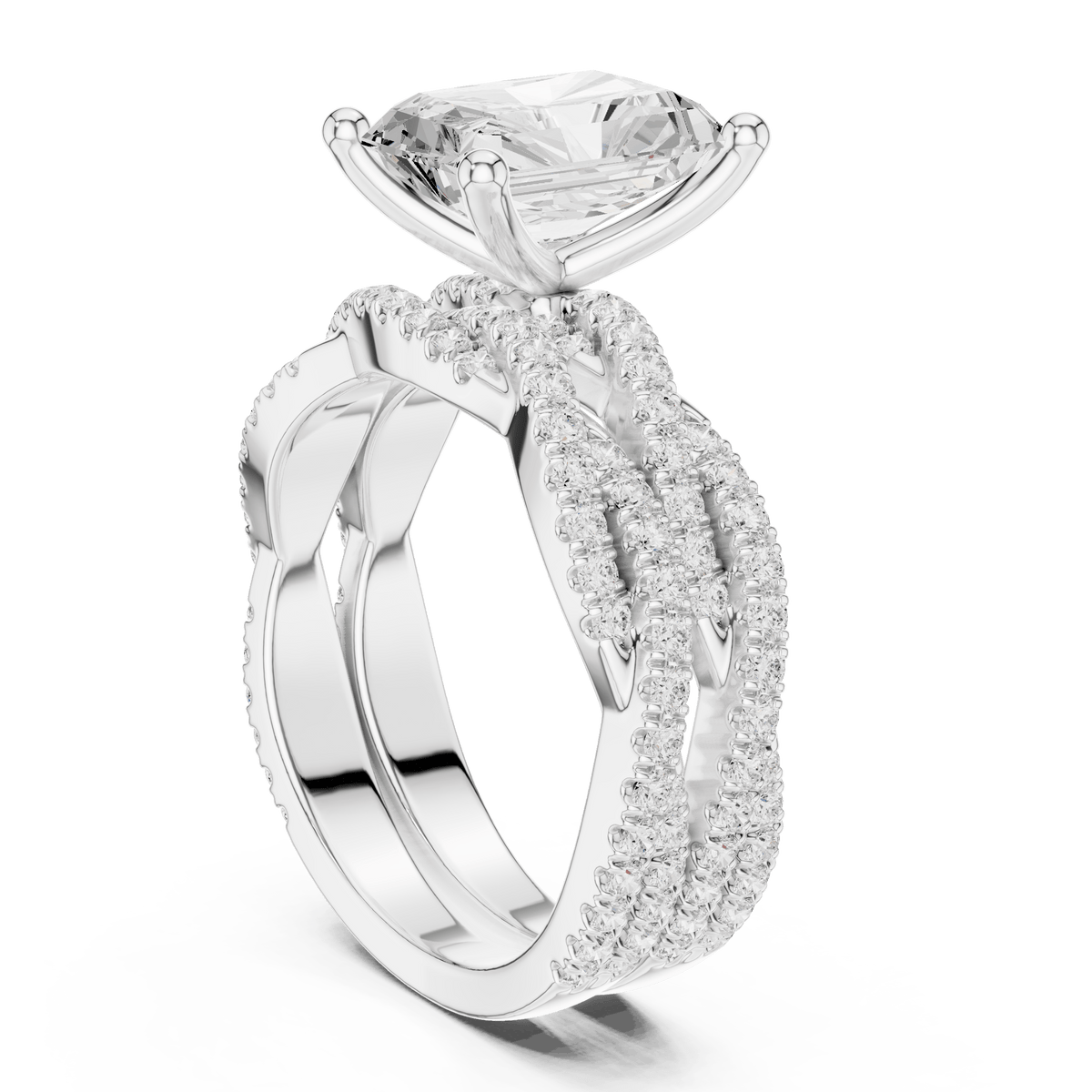 Radiant Cut Solitaire Ring with Criss Cross Lab Grown Diamond Twisted Pave Engagement Ring