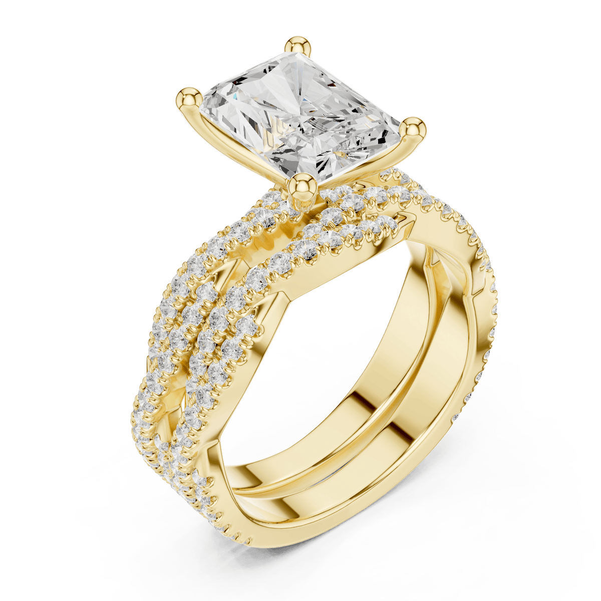 14KT Gold Multi-Strand Woven Shoulder Radiant Cut Ring