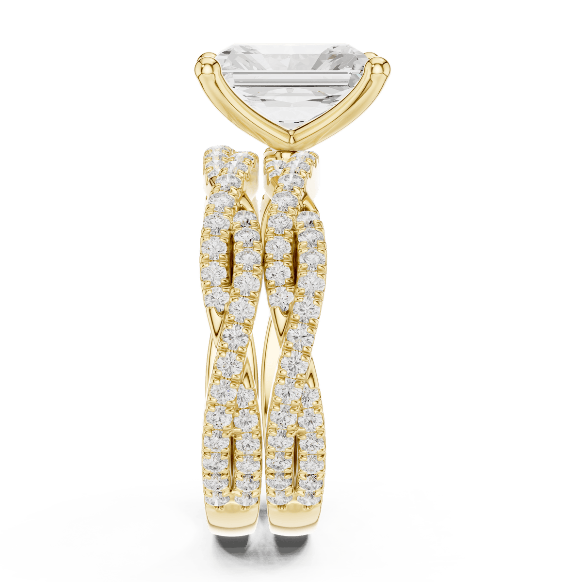 14KT Gold Multi-Strand Woven Shoulder Radiant Cut Ring