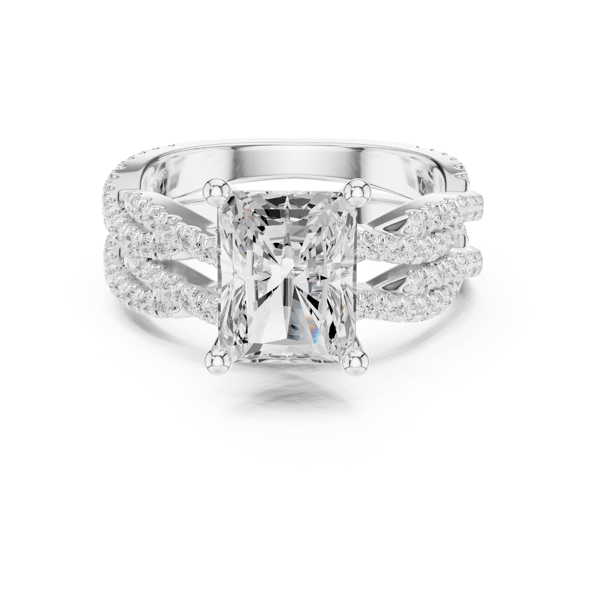 Radiant Cut Solitaire Ring with Criss Cross Lab Grown Diamond Twisted Pave Engagement Ring