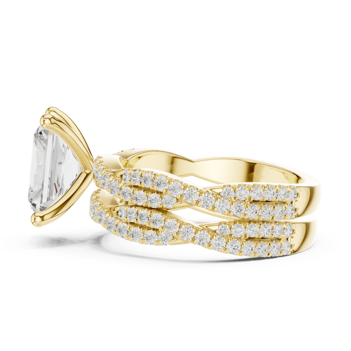 14KT Gold Multi-Strand Woven Shoulder Radiant Cut Ring