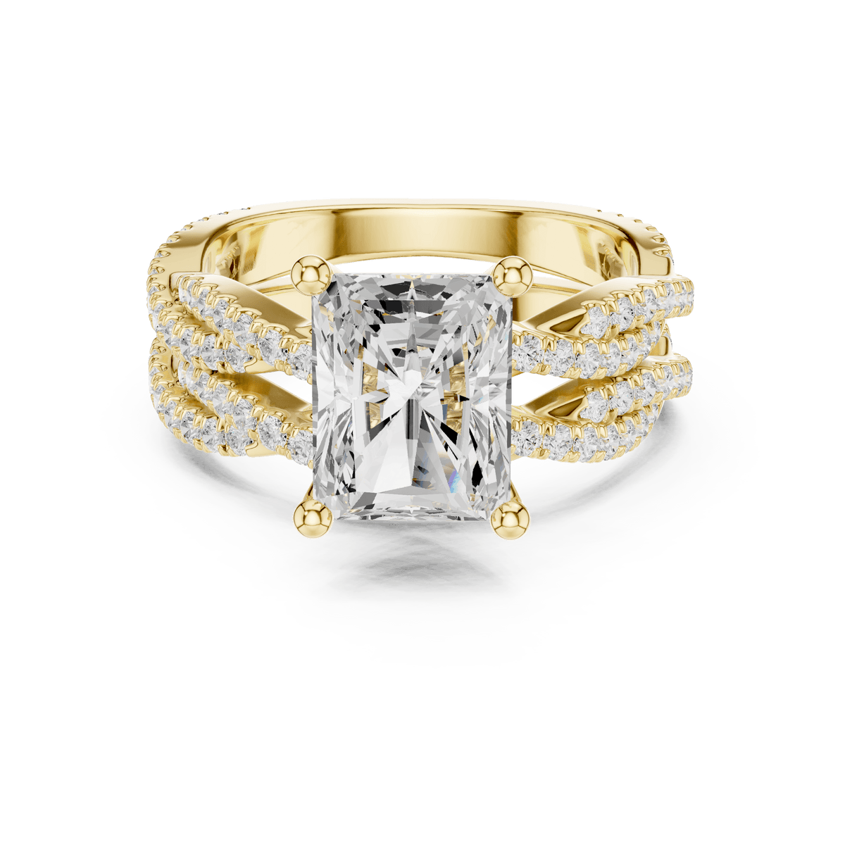 14KT Gold Multi-Strand Woven Shoulder Radiant Cut Ring