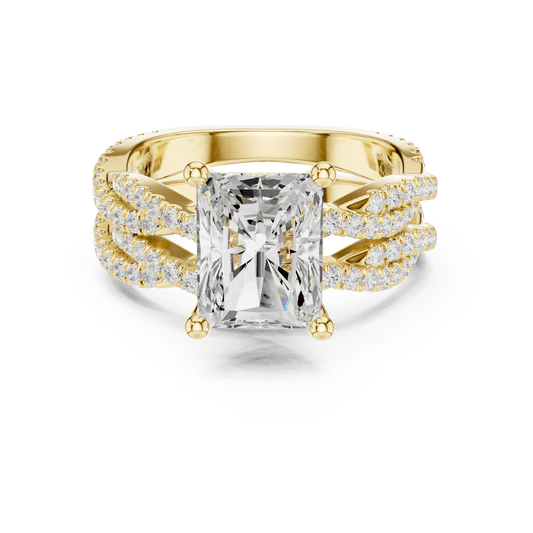 14KT Gold Multi-Strand Woven Shoulder Radiant Cut Ring