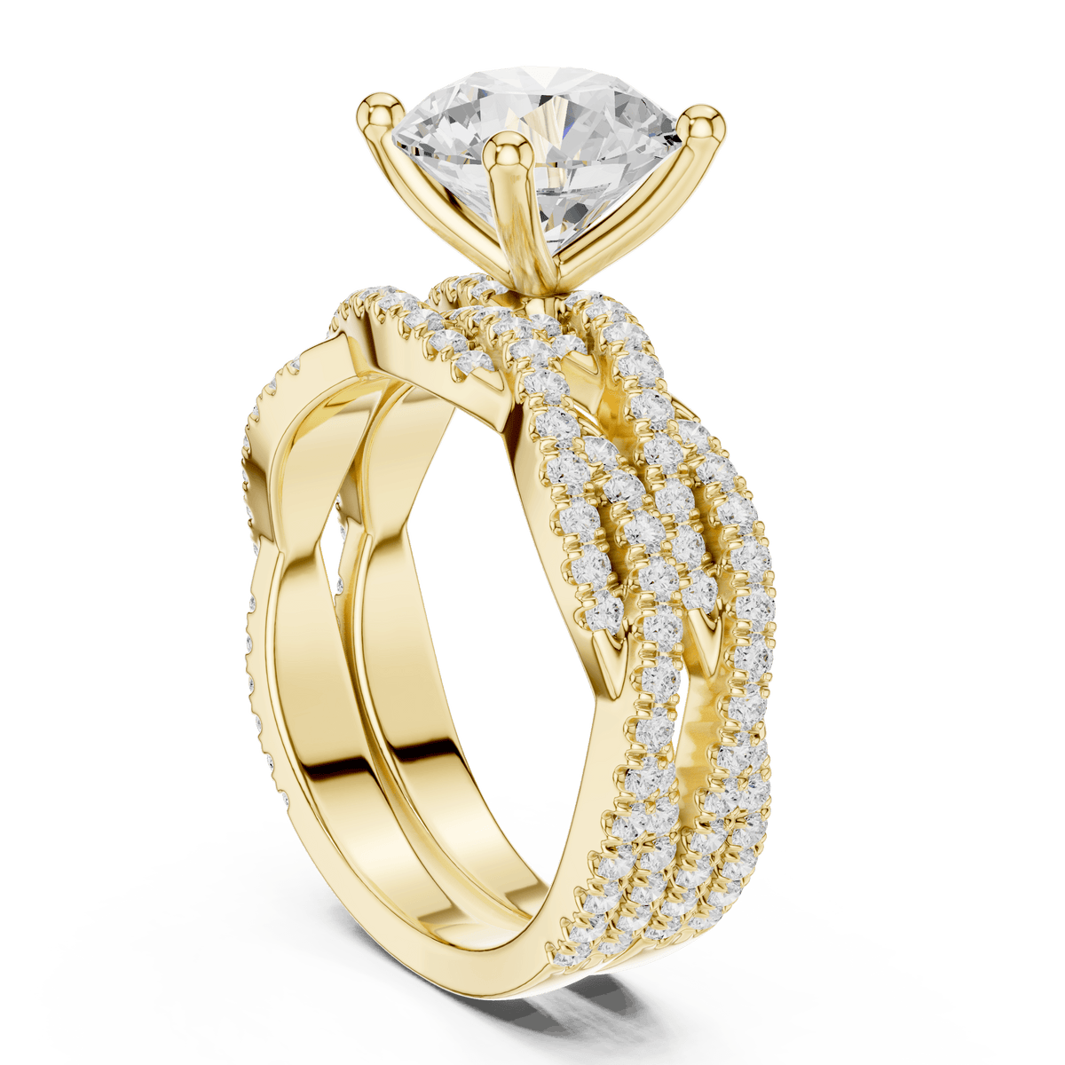 Yellow Gold Round Brilliant Cut Lab Diamond Interlocking Pave Ring