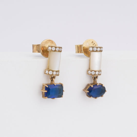 Blue Sapphire Drop Pave Diamond Mother of Pearl Earrings in 14K Solid Gold
