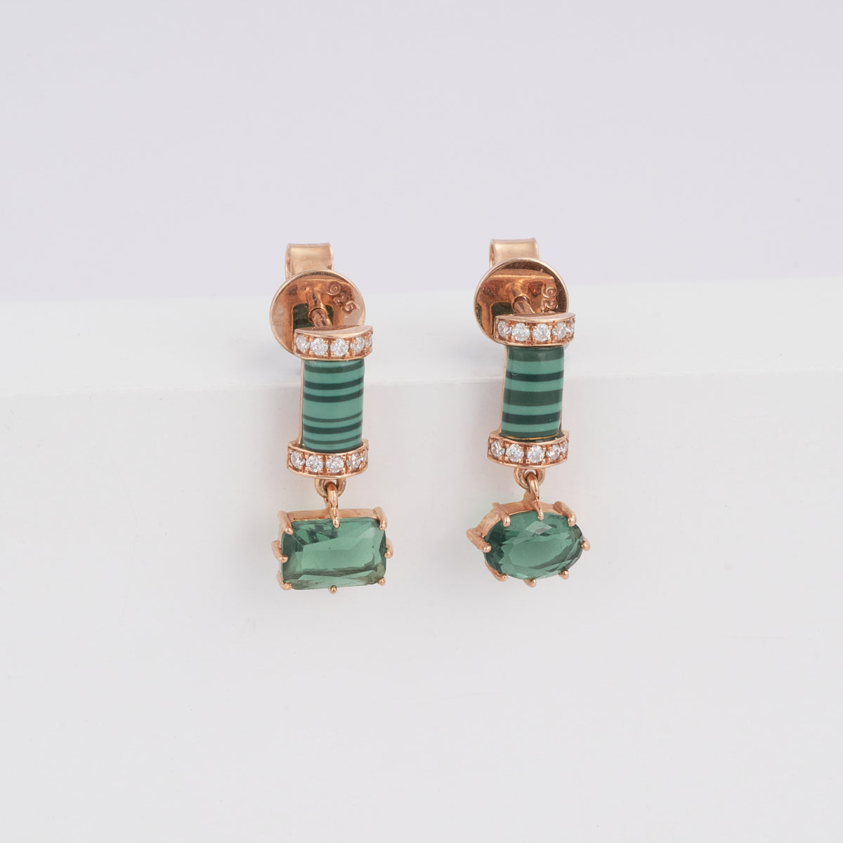 Solid Gold Green Malachite Bar Emerald Drop Earrings