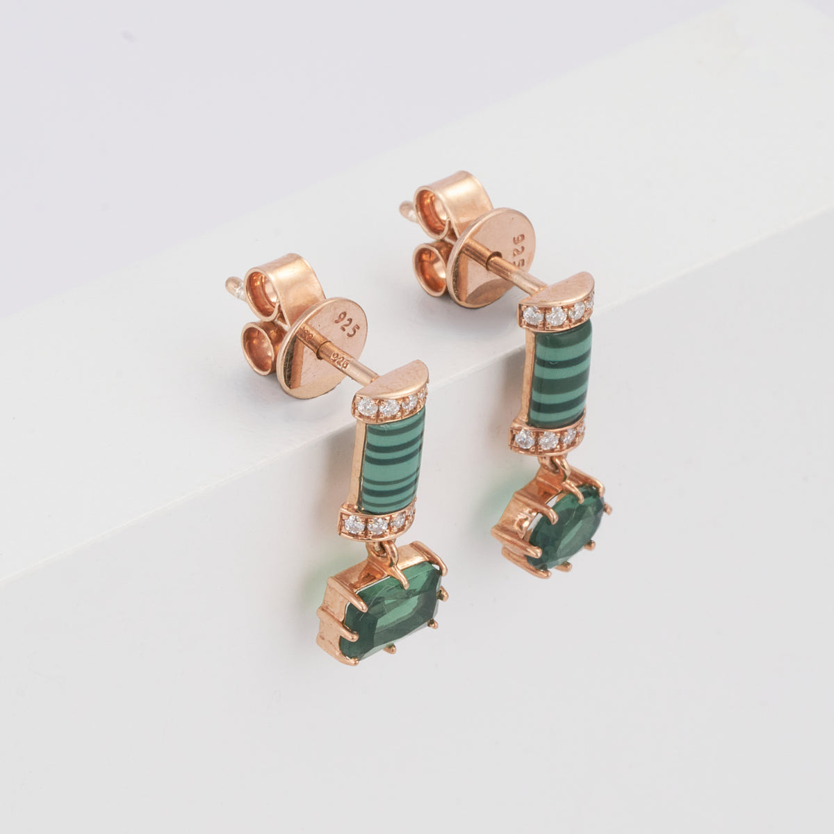 Solid Gold Green Malachite Bar Emerald Drop Earrings