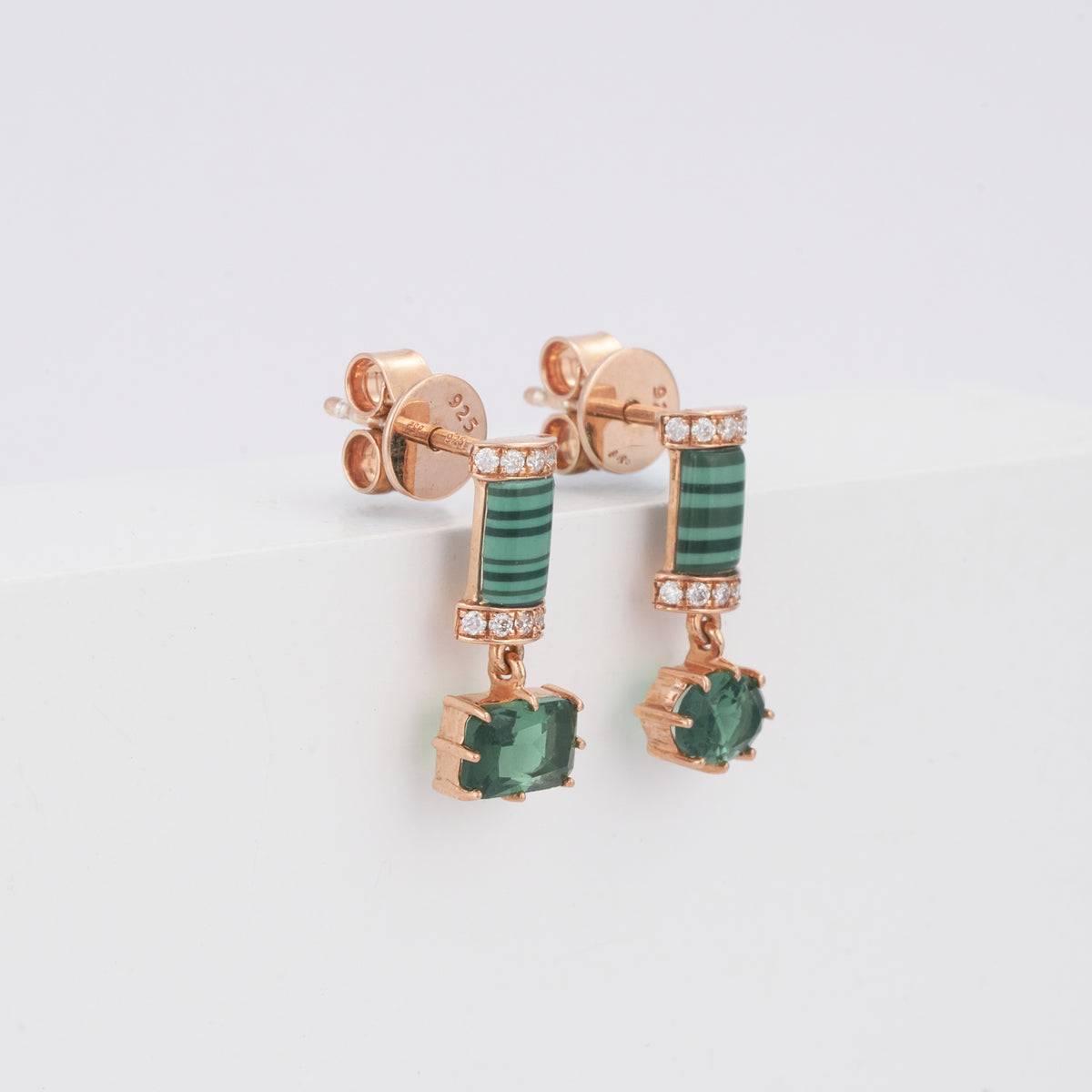 Solid Gold Green Malachite Bar Emerald Drop Earrings