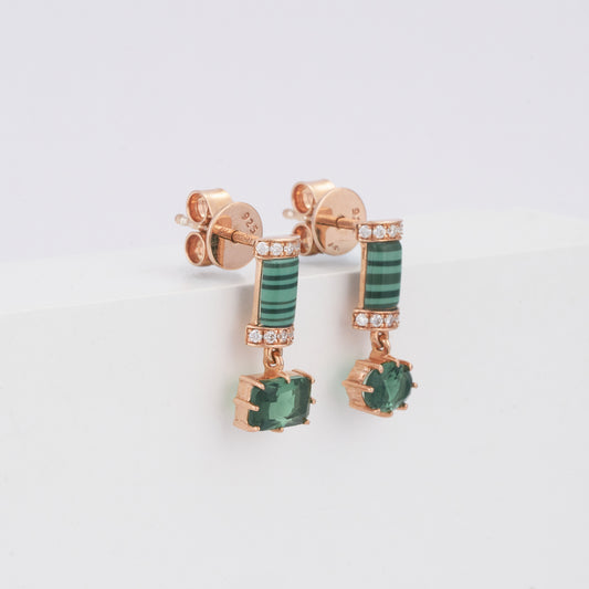 Solid Gold Green Malachite Bar Emerald Drop Earrings