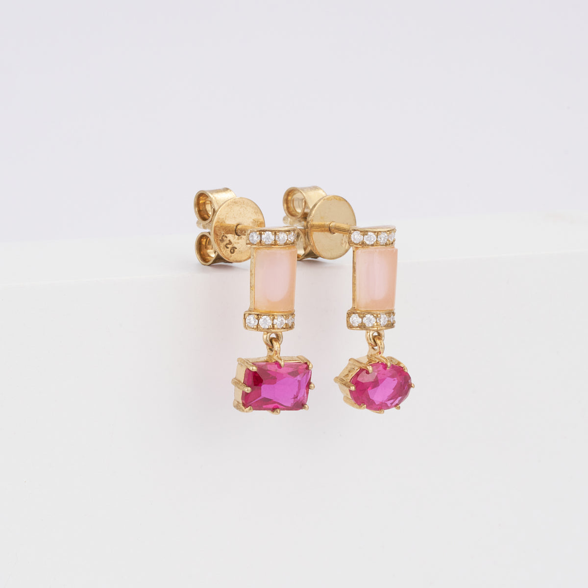 Pink Sapphire Drop Pave Diamond Pink Opal Bar Earrings in 14K Solid Gold