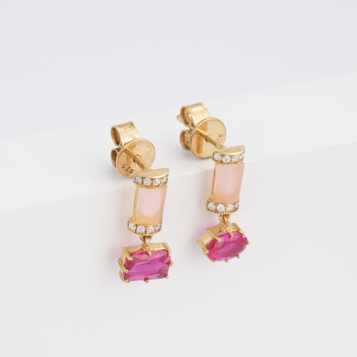 Pink Sapphire Drop Pave Diamond Pink Opal Bar Earrings in 14K Solid Gold