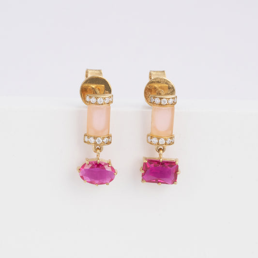 Pink Sapphire Drop Pave Diamond Pink Opal Bar Earrings in 14K Solid Gold