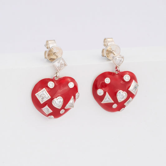 Scattered Multi-Shape Diamond Red Enamel Heart Dangle Earrings in 14K Solid Gold