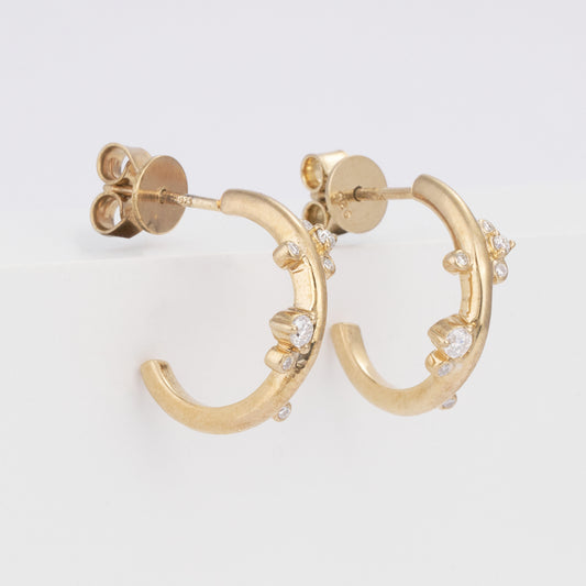 14K Solid Gold Cluster Moissanite Organic Branch Hoop Earrings