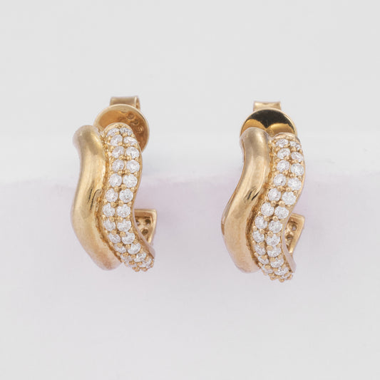 14K Solid Gold Wavy S-Curve Pave Diamond Open Hoop Earrings