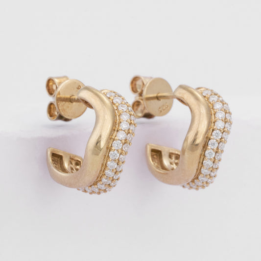 14K Solid Gold Wavy S-Curve Pave Diamond Open Hoop Earrings