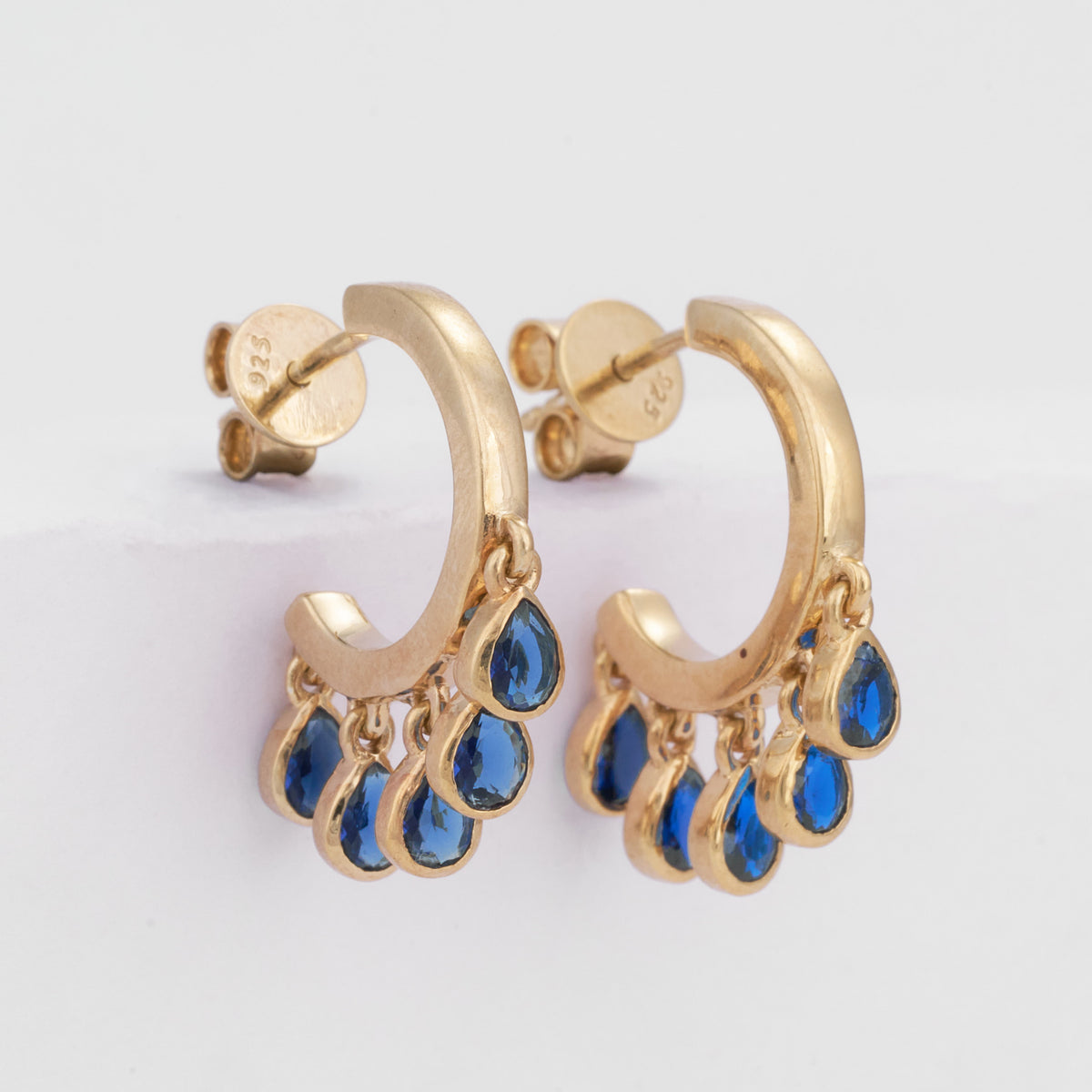 Moissanite Blue Pear Sapphire Hoop Earrings in 14K Solid Gold