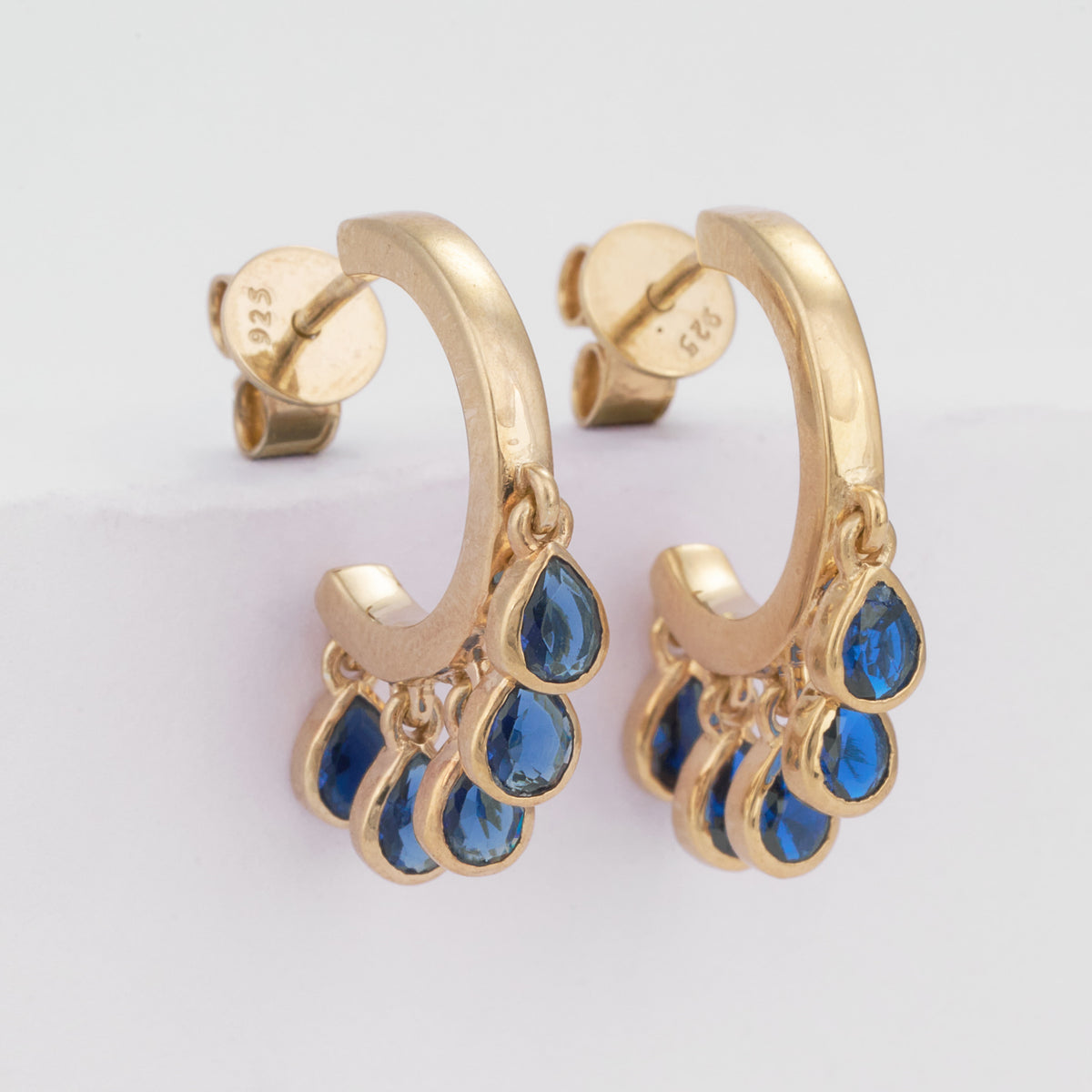 Moissanite Blue Pear Sapphire Hoop Earrings in 14K Solid Gold