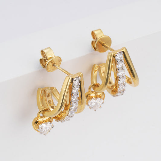 14K Solid Gold Triple Row Moissanite J-Hoop Earrings with Heart Charm