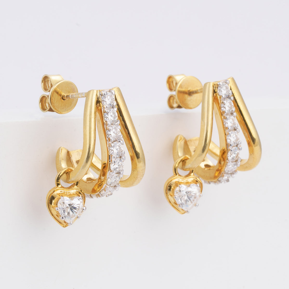 14K Solid Gold Triple Row Moissanite J-Hoop Earrings with Heart Charm