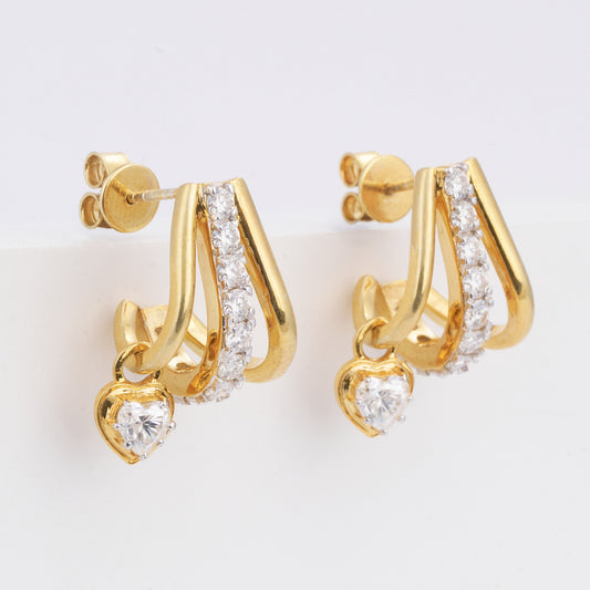 14K Solid Gold Triple Row Moissanite J-Hoop Earrings with Heart Charm