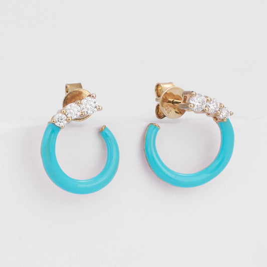 14K Solid Gold Turquoise Enamel Diamond Open Hoop Earrings