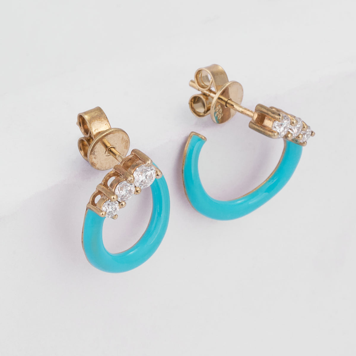 14K Solid Gold Turquoise Enamel Diamond Open Hoop Earrings