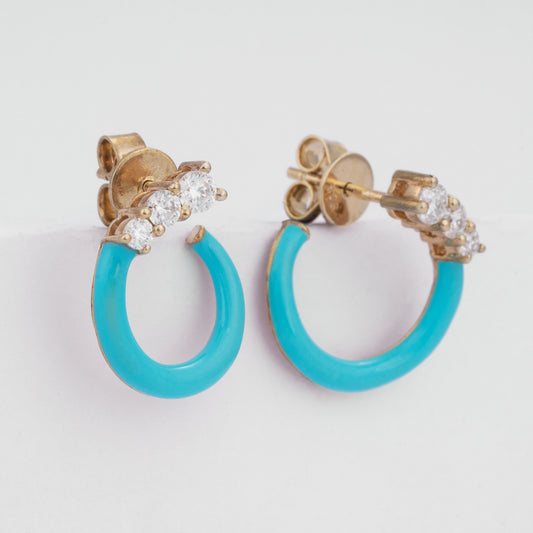 14K Solid Gold Turquoise Enamel Diamond Open Hoop Earrings