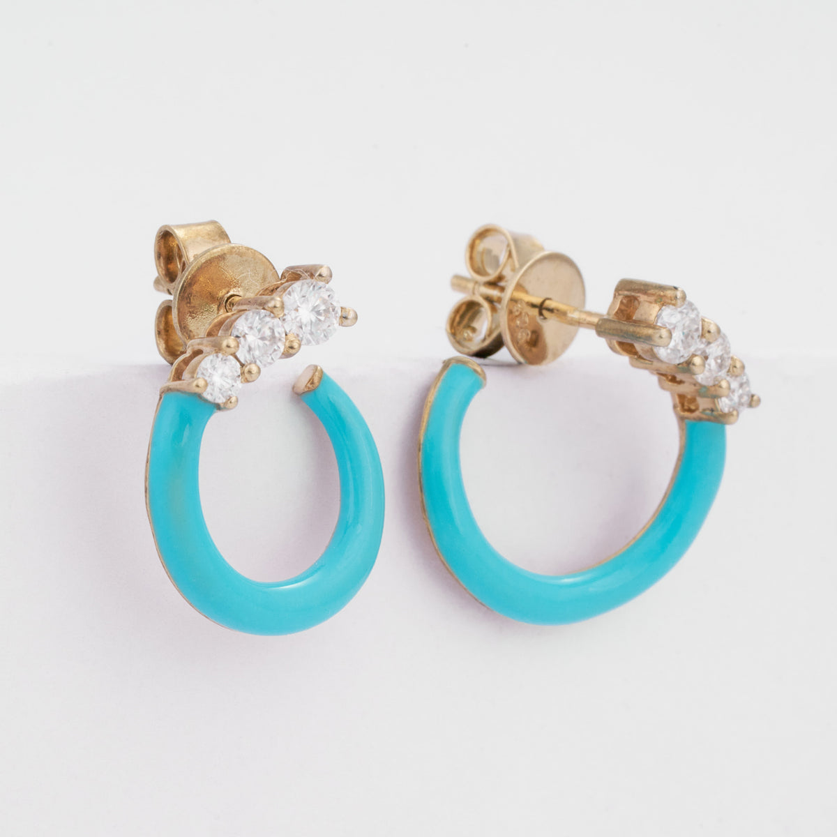 14K Solid Gold Turquoise Enamel Diamond Open Hoop Earrings