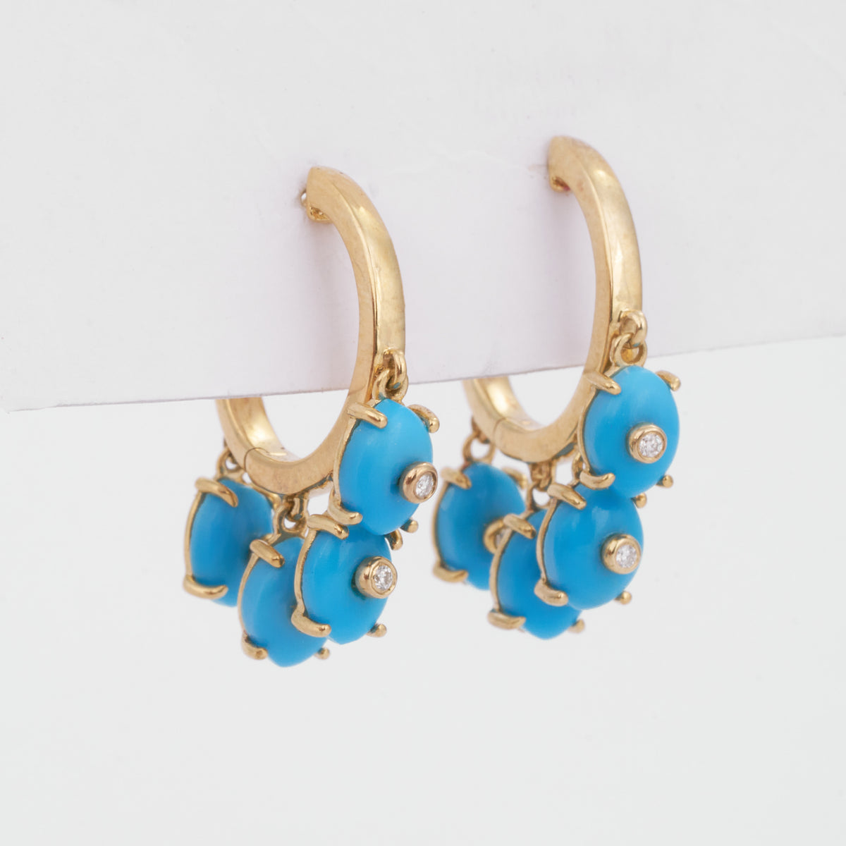 14K Solid Gold Turquoise Cabochon Dangle Hoop Moissanite Diamond Earrings