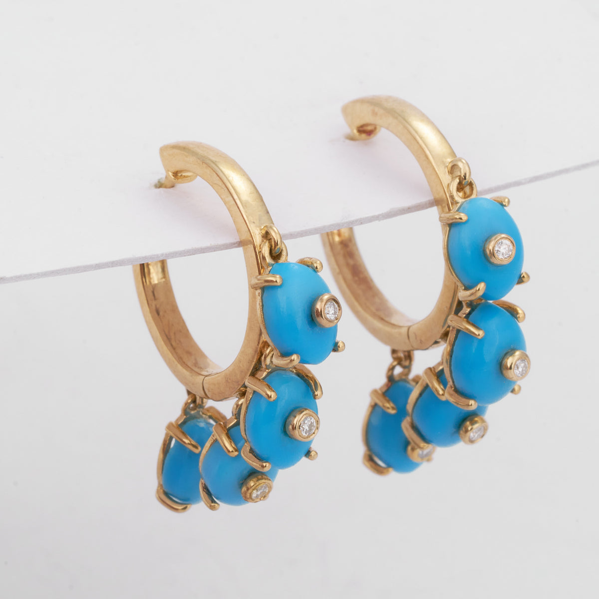 14K Solid Gold Turquoise Cabochon Dangle Hoop Moissanite Diamond Earrings