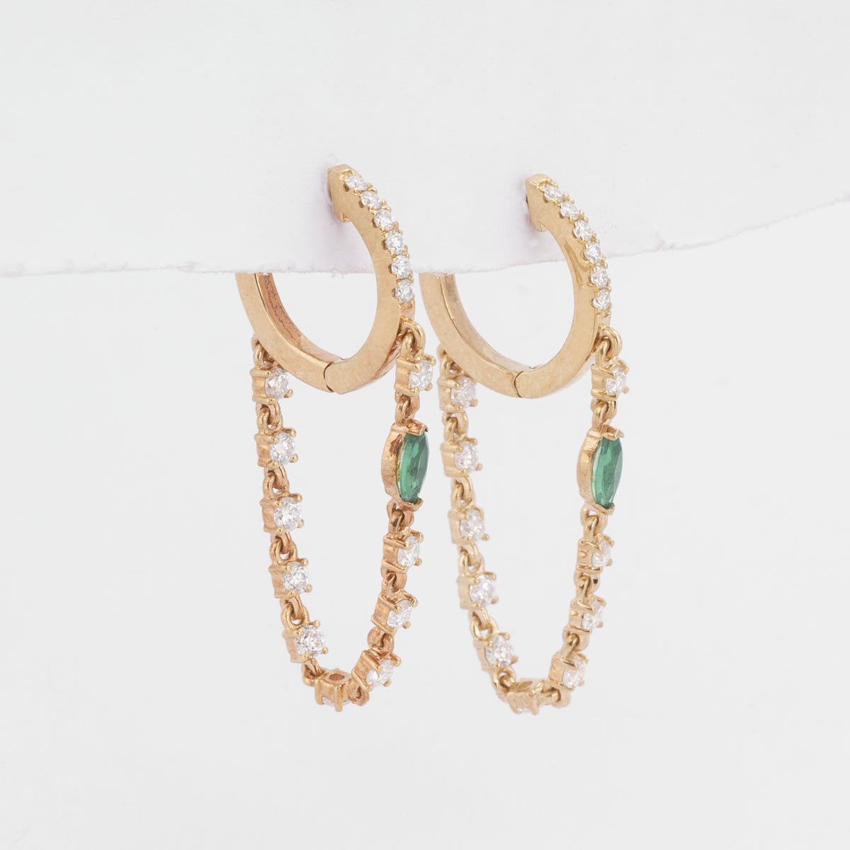 Green Emerald Marquise Accent Diamond Dangle Chain Huggie Earrings in 14K Solid Gold