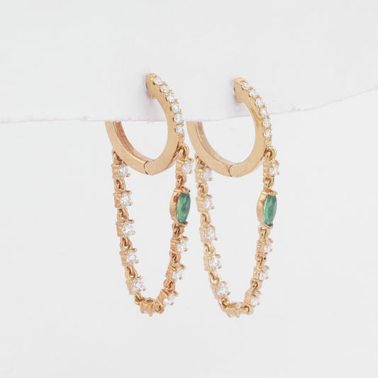 Green Emerald Marquise Accent Diamond Dangle Chain Huggie Earrings in 14K Solid Gold