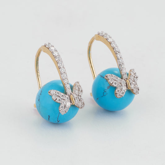 14K Solid Gold Turquoise Sphere Pave Butterfly French Hook Moissanite Diamond Earrings